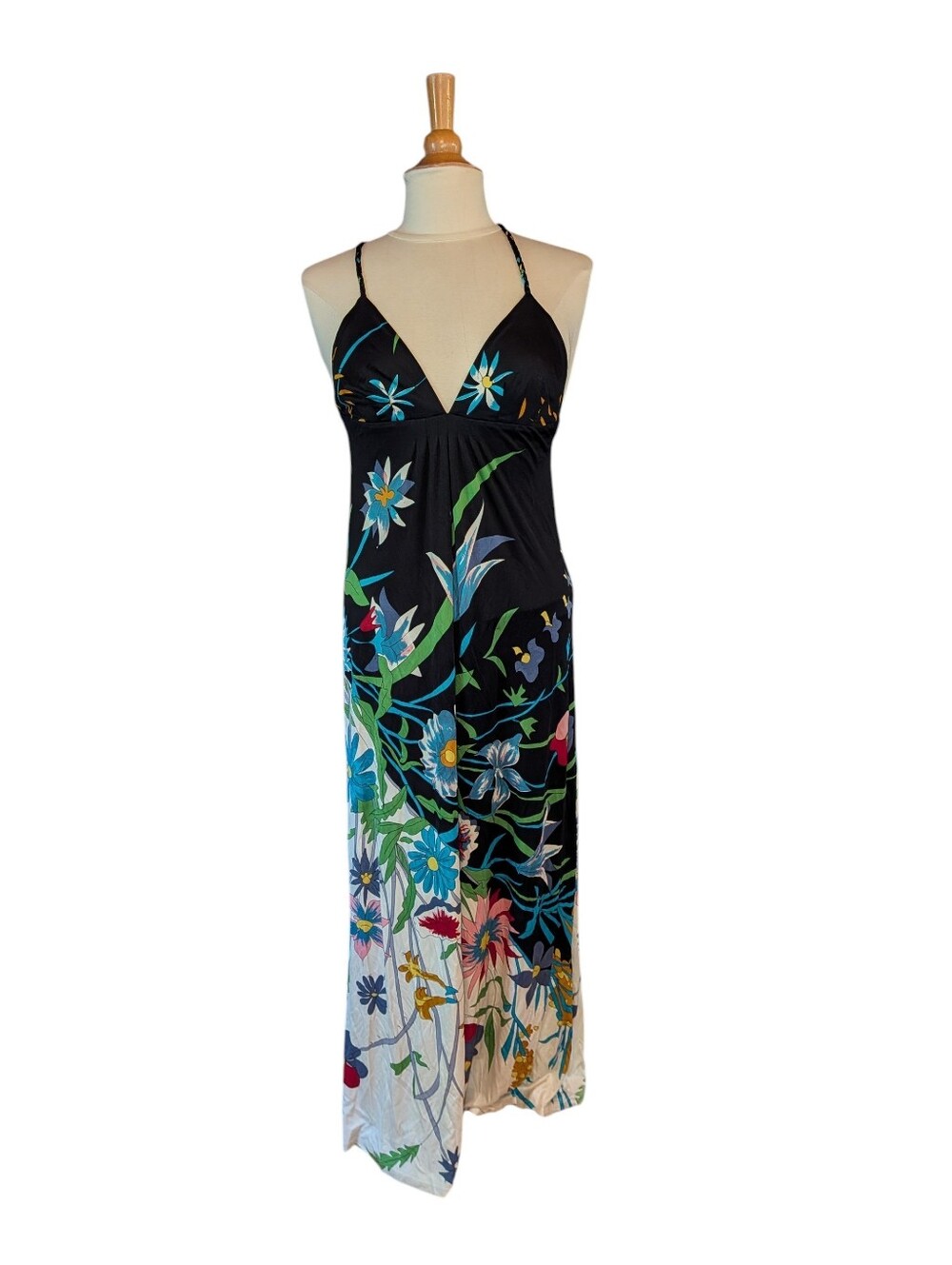 Julie Brown 100% Silk Floral Sundress Thin Straps V Neck Floor Length Size S